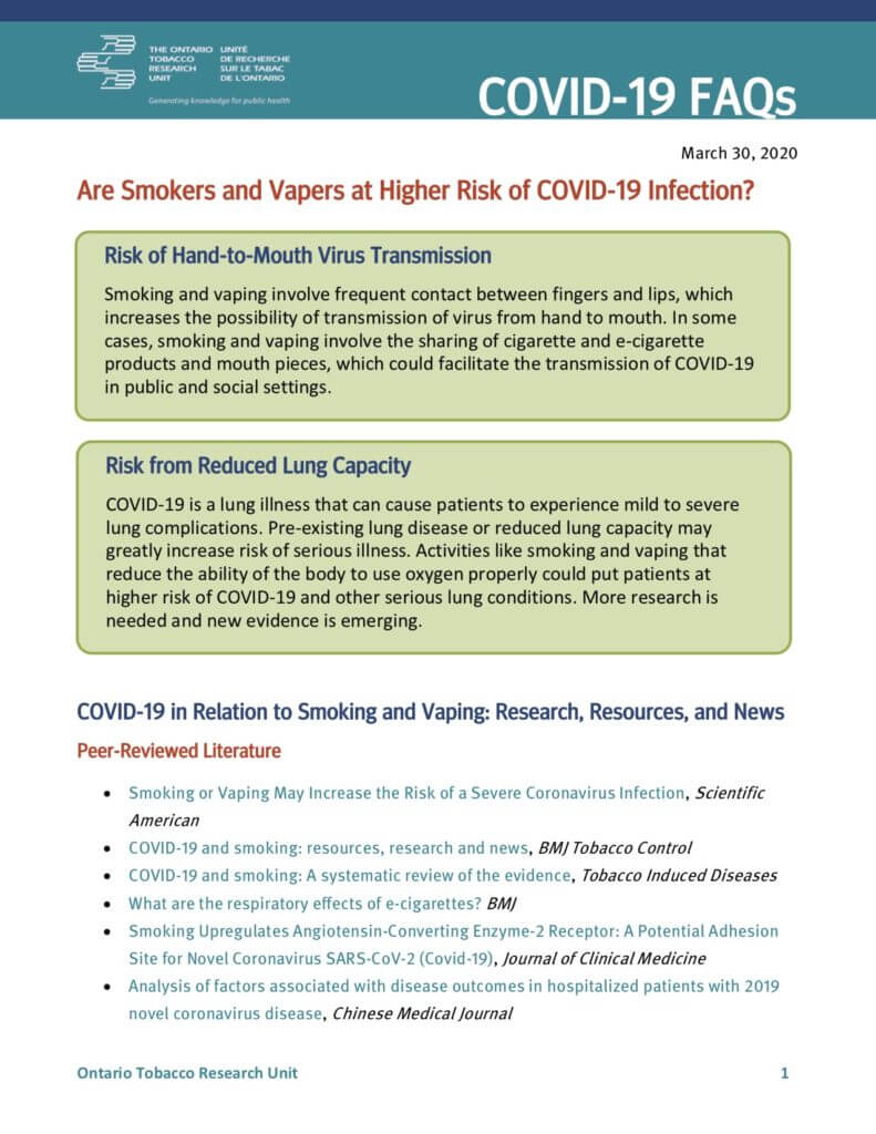 Ontario Tobacco Research Unit: Smokers and the Risk of COVID-19 Infection